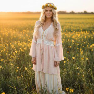 Aolro L Kimono Top Peach Swiss Dot Lace Crochet Beachy Whimsy Fairy Cottage Boho